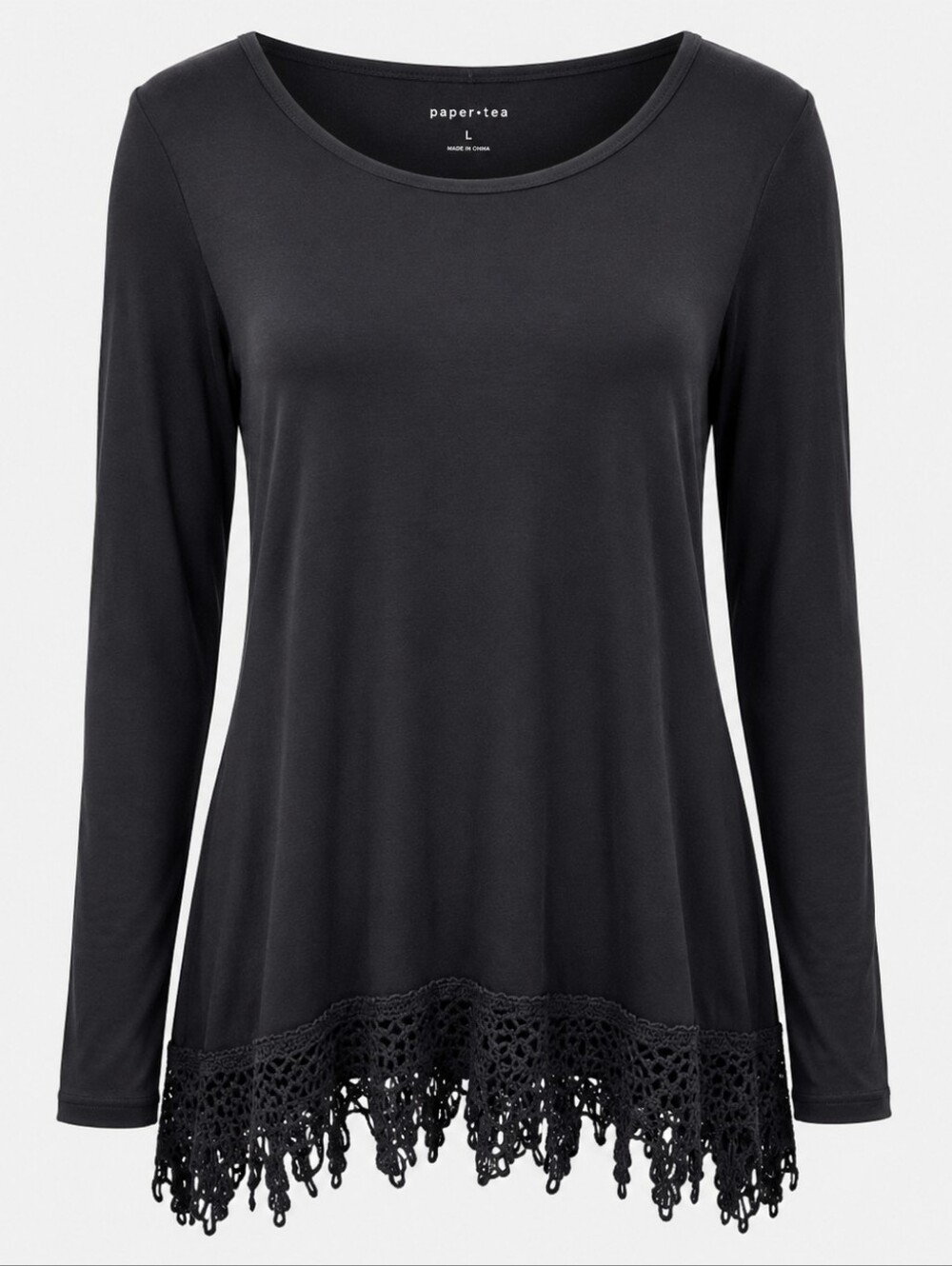 PAPER + TEE | Black Crochet Hem Tunic Top Witchy Goth Boho Fairycore | L